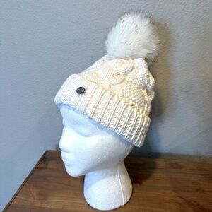 Express cream cable knit beanie with soft faux fur Pom-pom